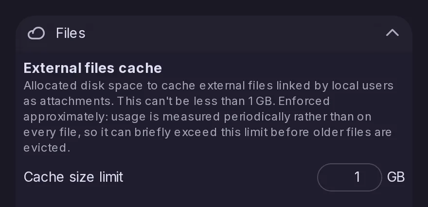 The Files section of the Control Panel, with the External files cache and its cache size limit in GB.