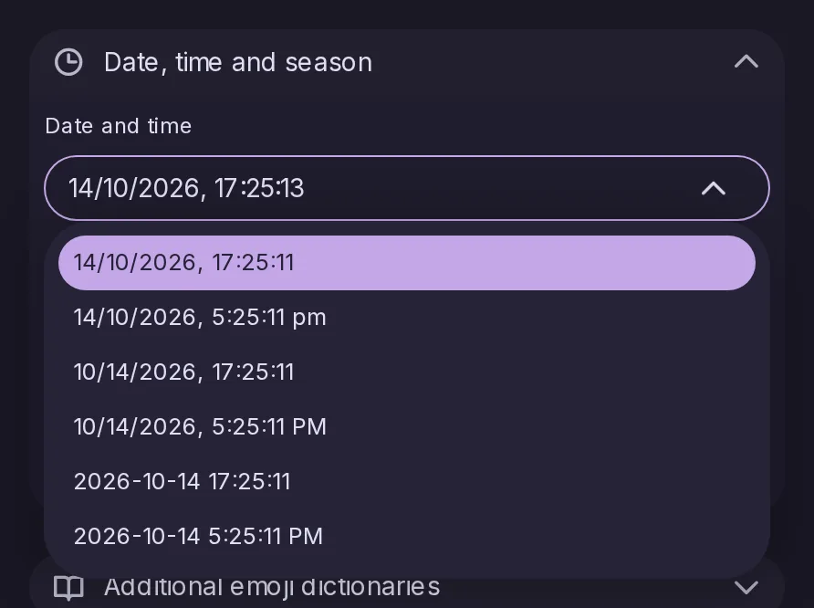 The Date and time select of the settings open, offering several ways of writing the same date and time.