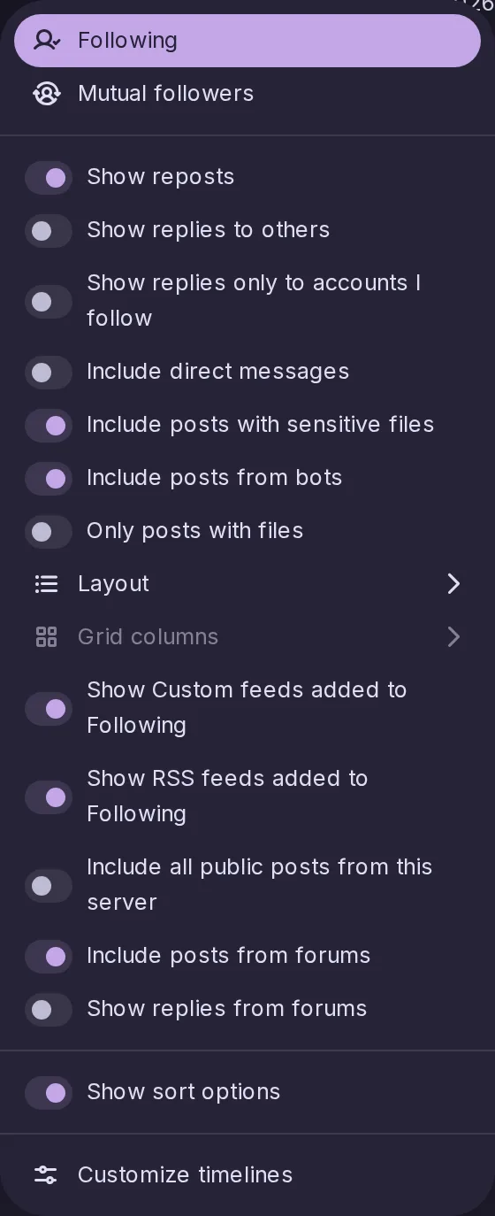 The Options menu of the Home timeline, with switches for what Home includes, such as all public posts of this server.