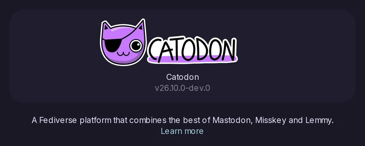 The About Catodon page: the Catodon cat and wordmark, the version number, and the line describing Catodon as a Fediverse platform.