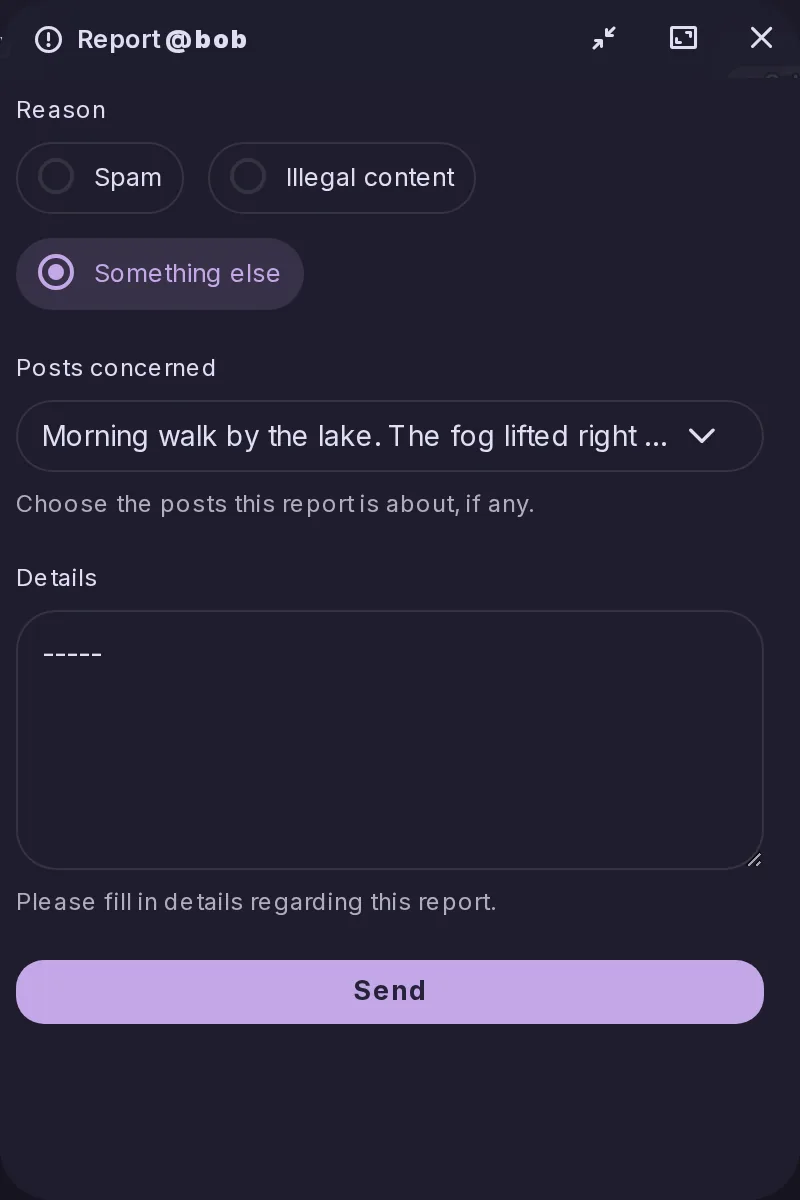 The Report window for a post by Bob: a reason chosen among Spam, Illegal content and Something else, the posts concerned picked in a select, and a details field. Nothing was sent.