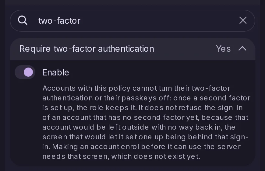The Require two-factor authentication policy of the role template, turned on, with its explanation.