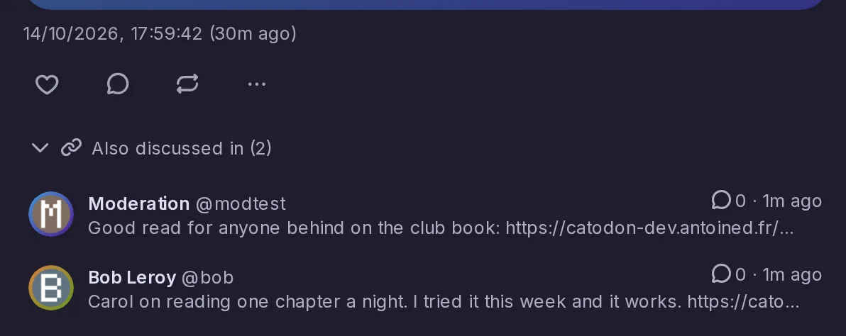 The bottom of the companion post of Carol's blog post, with Also discussed in opened on the posts by Bob and modtest that link to it.