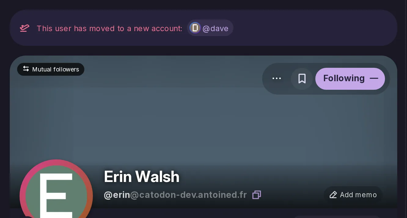 The top of a profile with a banner saying this user has moved to @dave, while the account keeps its followers.