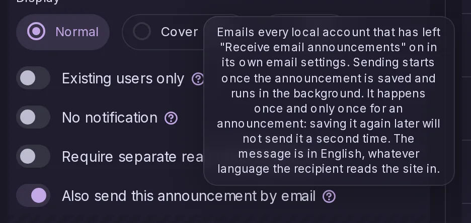 The announcement editor with the Also send this announcement by email switch turned on and its explanation.