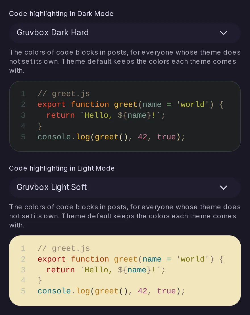 The two code highlighting selects of the Control Panel branding, for dark mode and for light mode, each above a preview of a code block in the chosen colours.