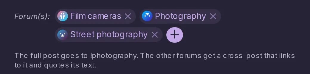 The composer posting a topic to three forums, saying which one gets the full post and that the others get a cross-post.