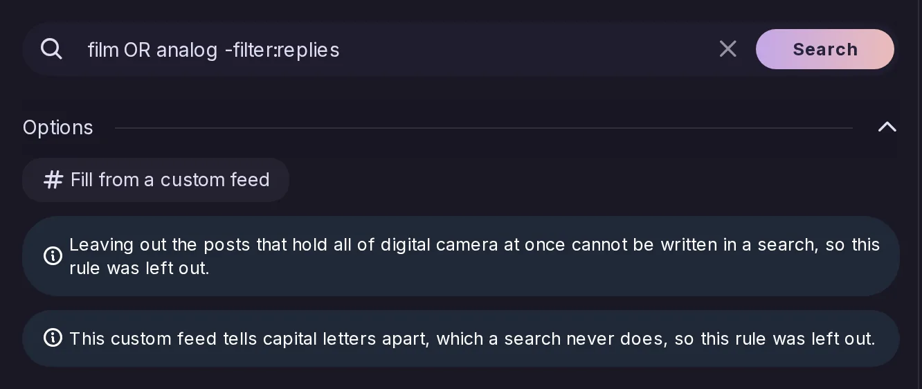 The Posts search filled from the custom feed Film photography, with notices naming the rules a search cannot take as they are.