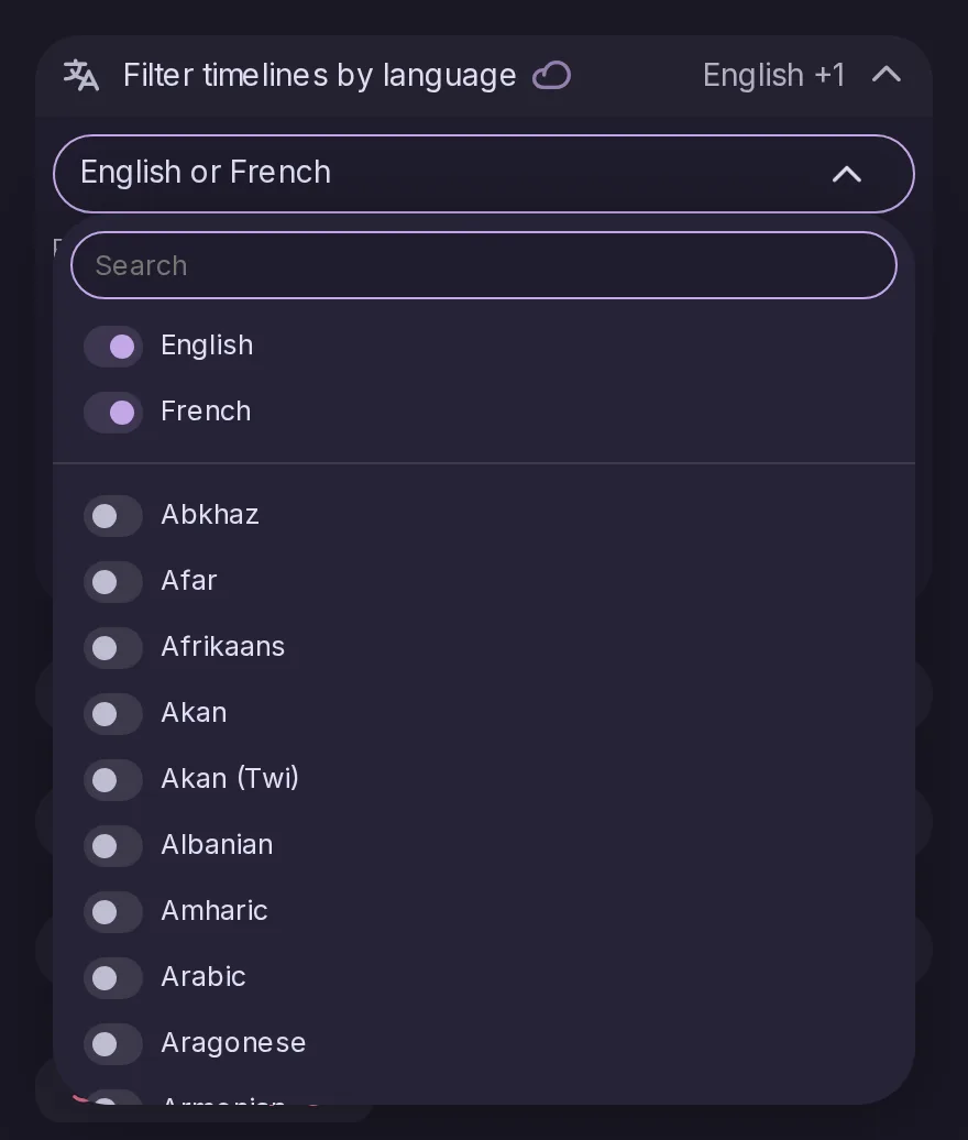The Filter timelines by language setting open, with English and French picked at the top of the list of languages.