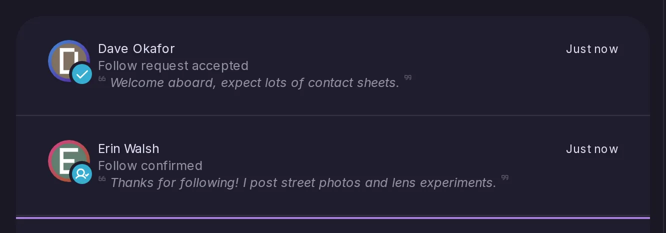 Two notifications: Follow request accepted from a locked account and Follow confirmed from an open one, each quoting the account's welcome message.