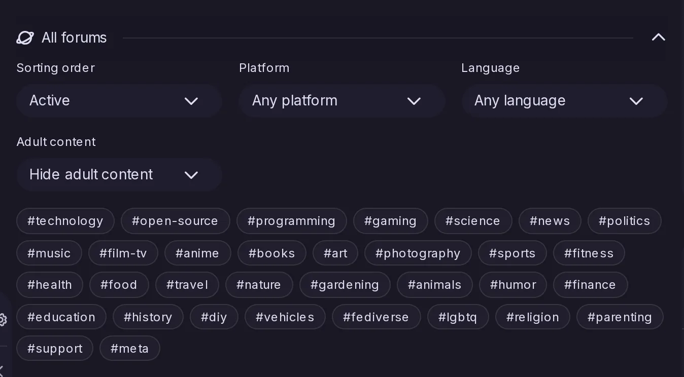 The All forums section of Explore, which searches the Threadiverse Catalog: sort order, platform, language and adult content filters, and topics such as technology, books, photography and gardening.