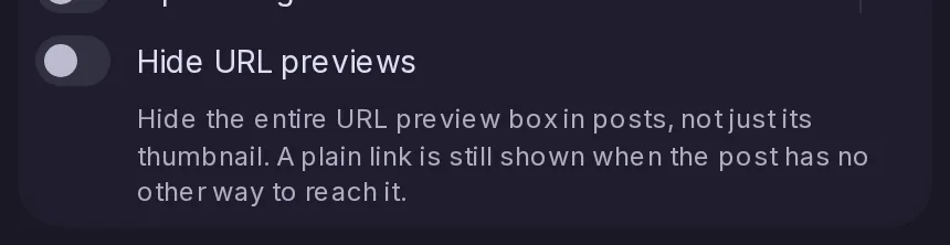 The Hide URL previews switch of the Links and Media settings, with its explanation: the whole preview box goes, and a link only reachable through it is shown as a plain link.