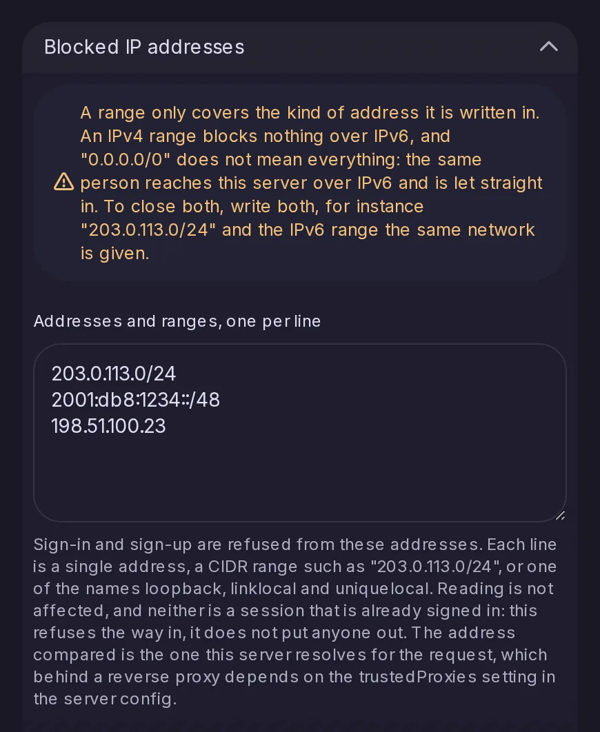 The Blocked IP addresses setting, with a warning that an IPv4 range does not cover IPv6 and a list of addresses and CIDR ranges.