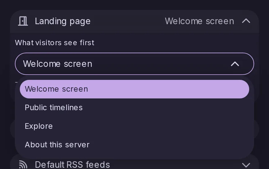 The Landing page setting of the Control Panel, offering the welcome screen, the public timelines, Explore or the About page to visitors.