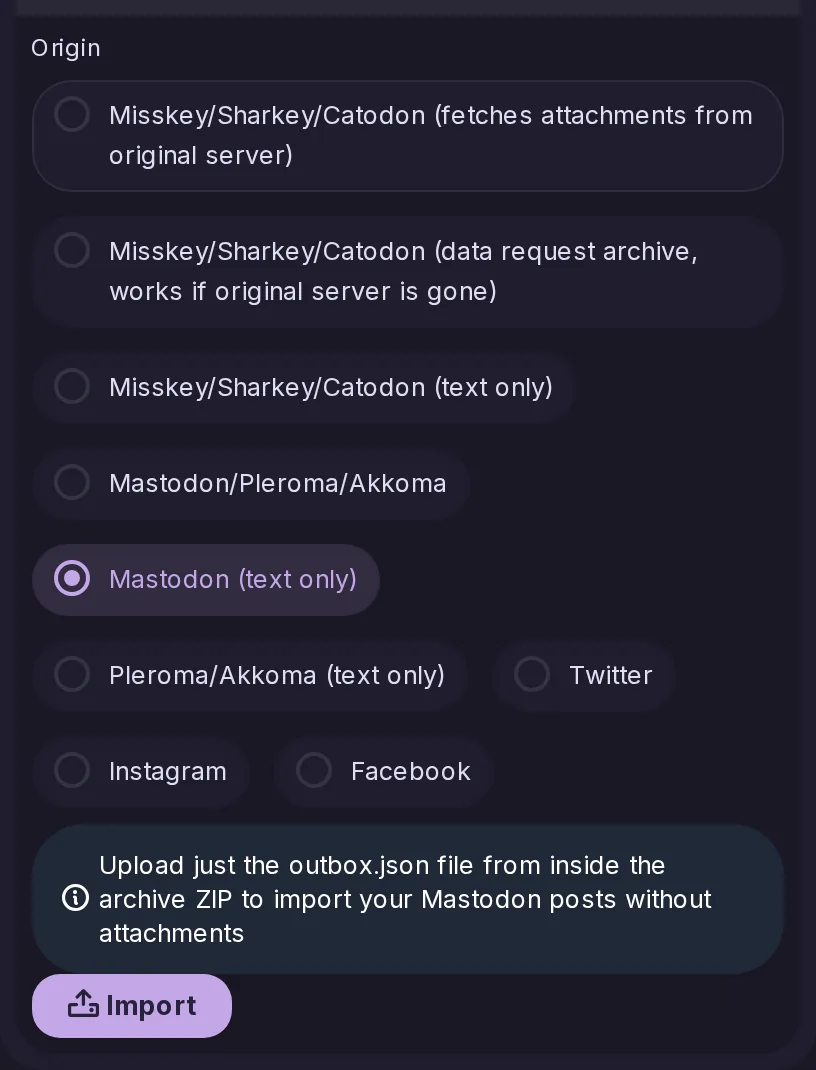 The post import's list of origins, with Mastodon (text only) selected and a hint asking for the outbox.json file from the archive.