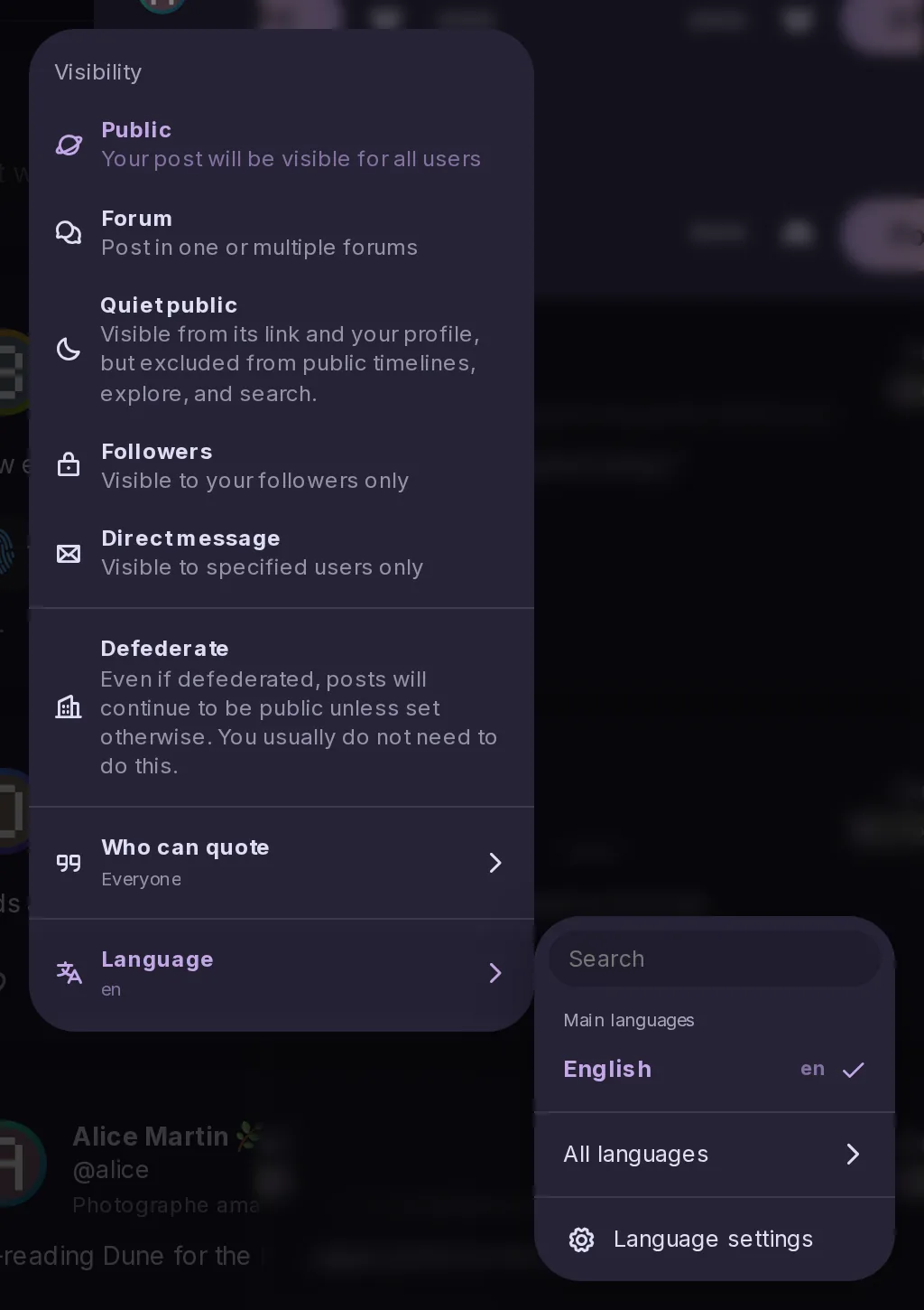 The composer's visibility menu with a Language row at its bottom, opened on the list of languages.