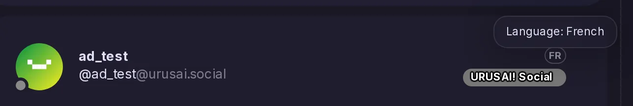 The header of a post from urusai.social, with the fr language code beside the author's name and a tooltip reading Language: French.