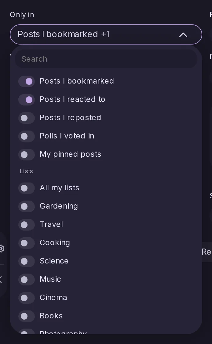 The Only in select of the post search open with two choices switched on, Posts I bookmarked and Posts I reacted to, and the field reading Posts I bookmarked +1; your lists follow below.