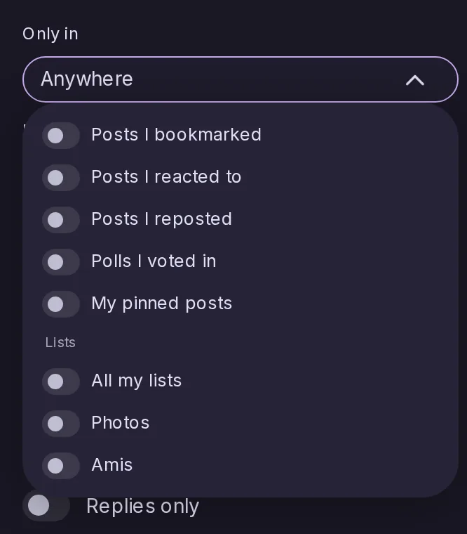 The Only in select of the Posts search open, offering bookmarked, reacted and reposted posts, voted polls, pinned posts and lists.