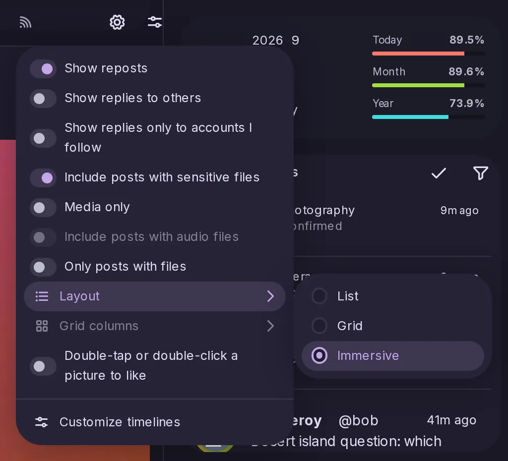 The Options menu of a list tab, with Media only, Layout and Grid columns, and the Layout submenu offering List, Grid and Immersive.