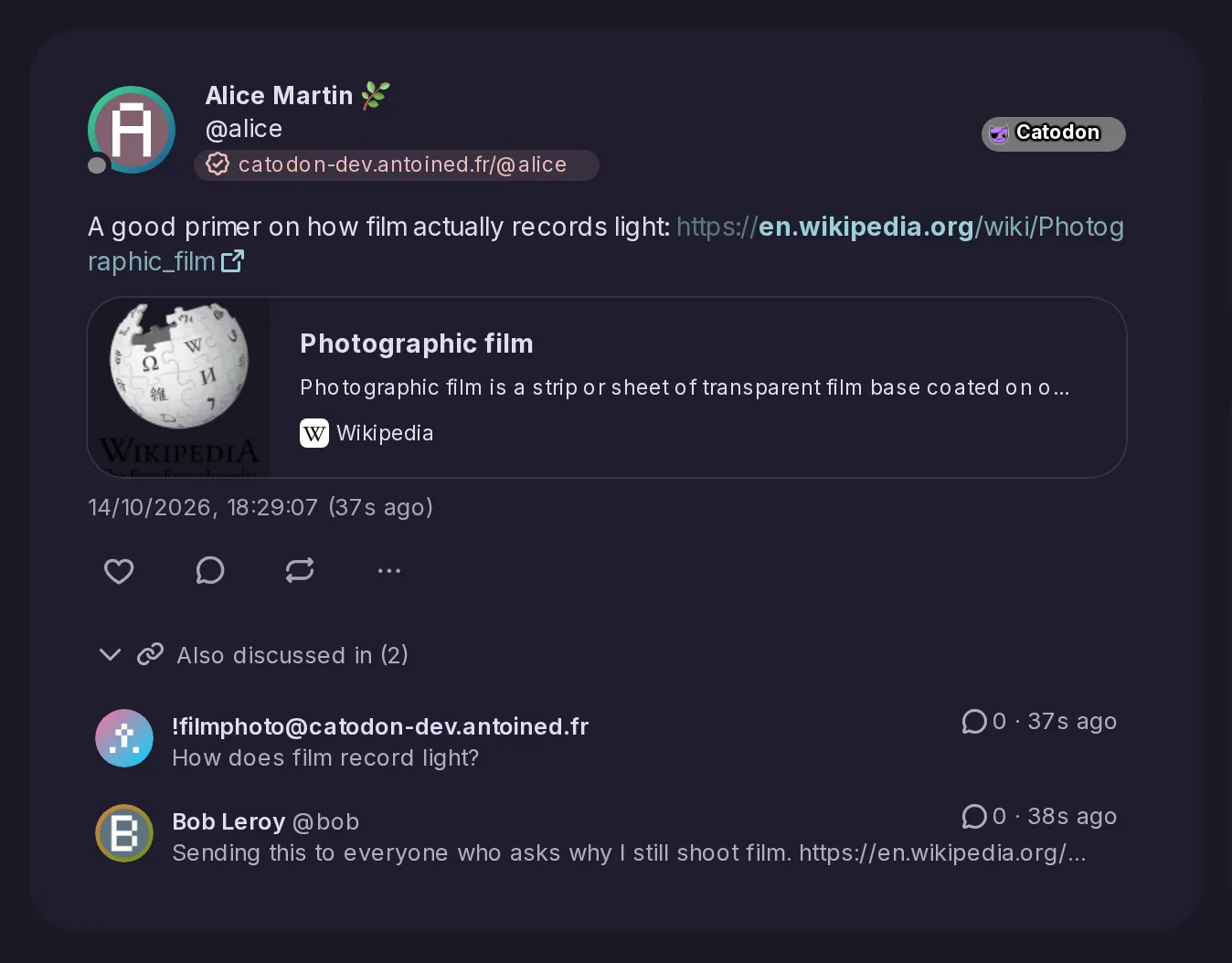 Alice's post sharing a Wikipedia page on photographic film, with Also discussed in opened below it: the forum topic How does film record light? first, then Bob's post sharing the same page.