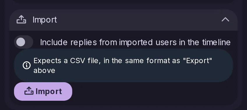 The import of followed accounts in Data & storage, saying above its button which file it expects.
