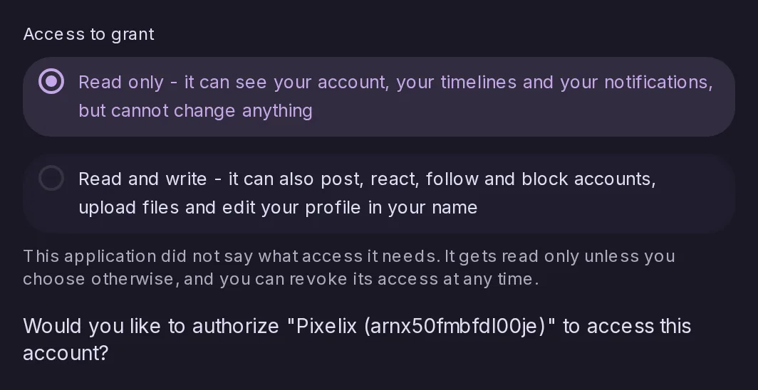 The authorization page for an app that asked for no particular access, offering Read only or Read and write.