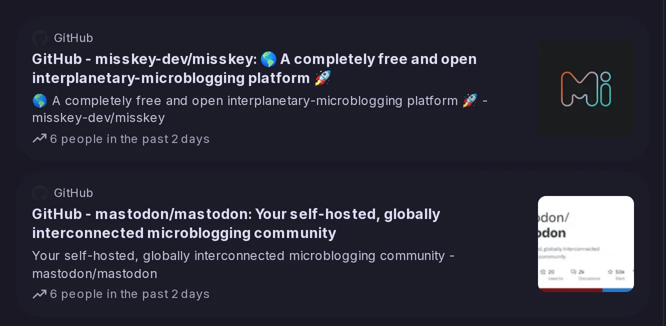 The Links tab of Explore, listing trending links from github.com as cards with their site, title, description, image and how many people shared them lately.