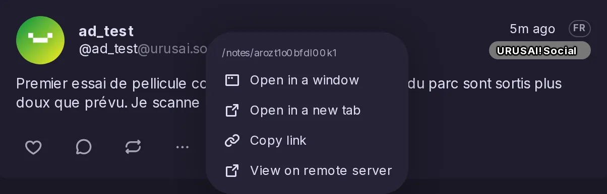 The right-click menu of a post from urusai.social, ending with a View on remote server entry.