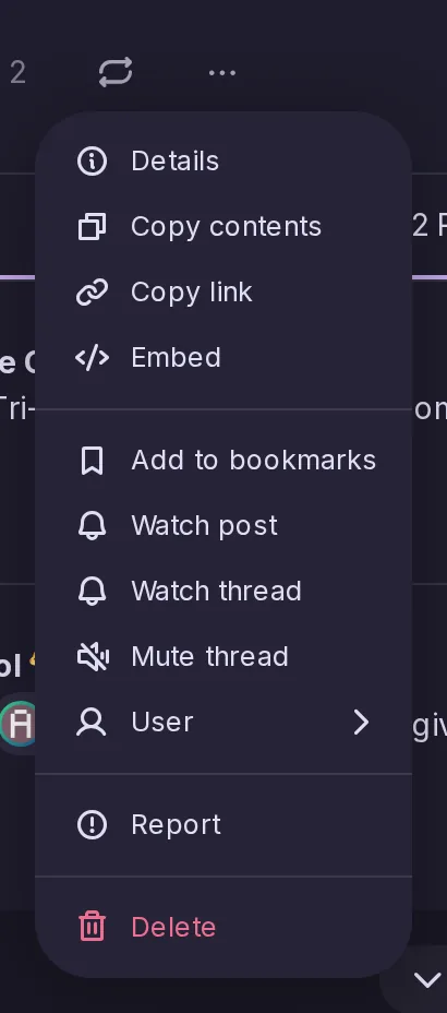 A post's menu offering Watch post and Watch thread, near the bookmark entry.