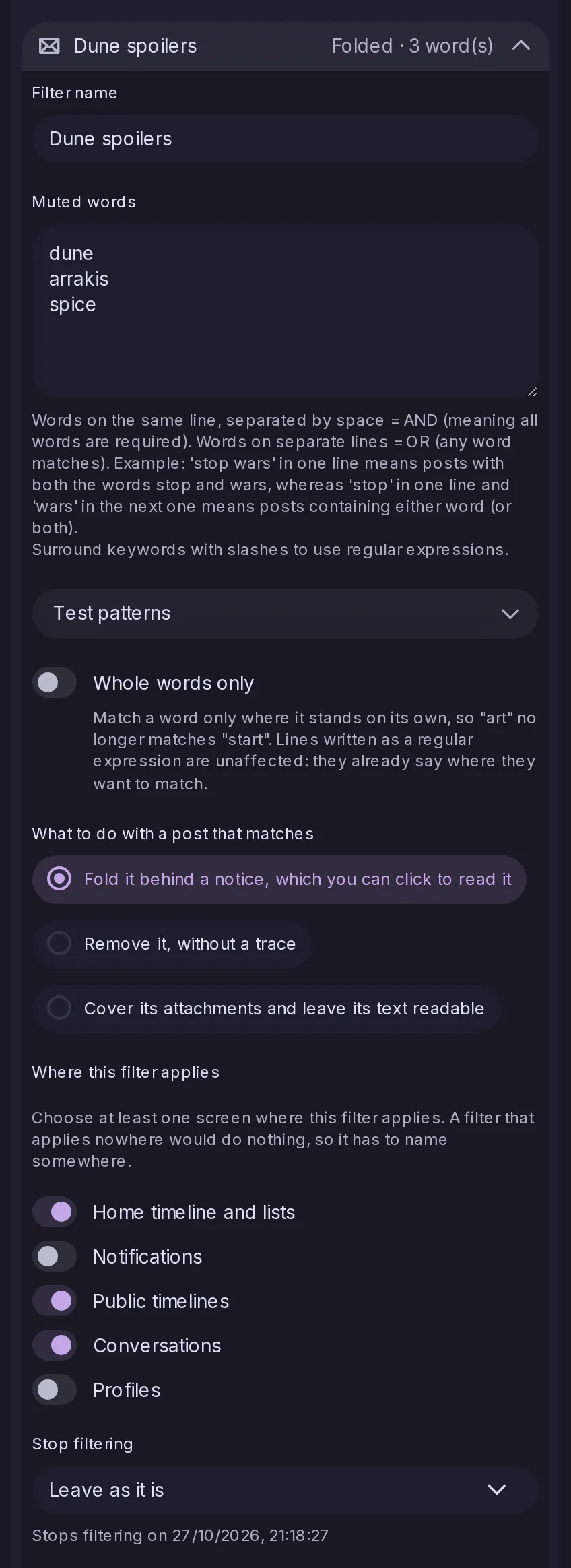 A word filter open in Mutes and blocks, with its name, words, whole-word option, where it applies, what it does to a match and when it expires.