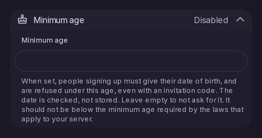 The Minimum age setting of the Control Panel registration page, empty and so turned off, with its explanation.
