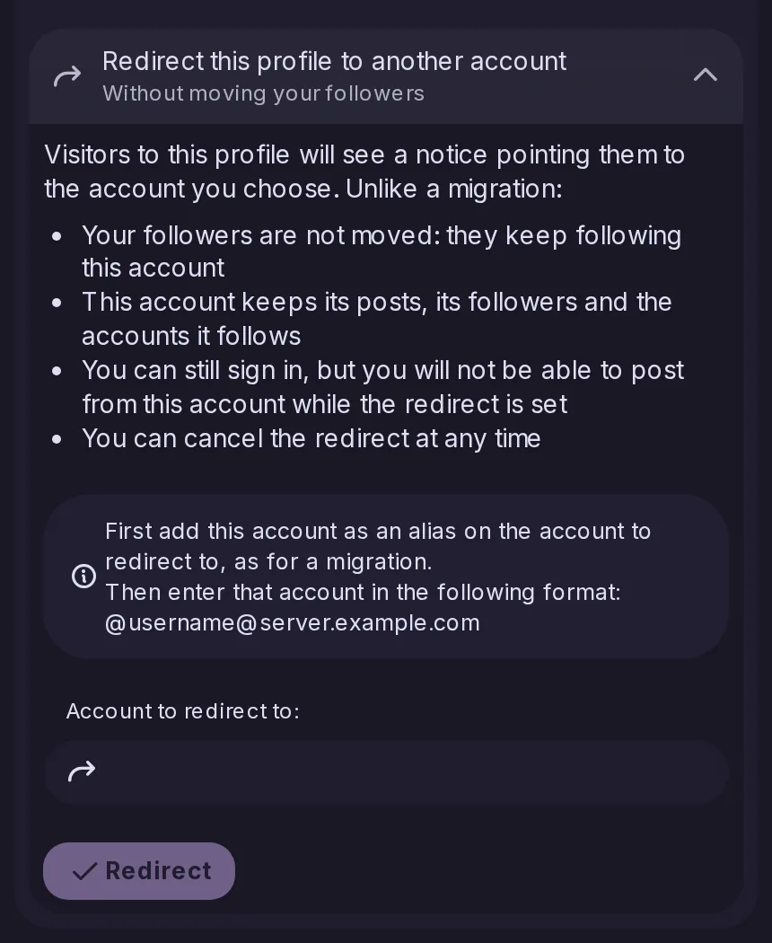 The Redirect this profile to another account section of the account migration settings, with a field for the other account and its explanation.