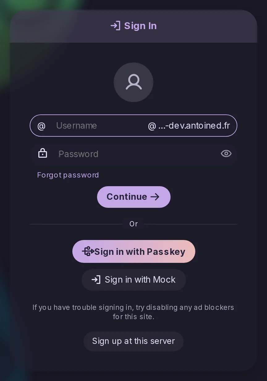 The /login page a visitor reaches from any landing page: the sign-in form with username and password, passkey and the server's identity provider, and Sign up at this server.