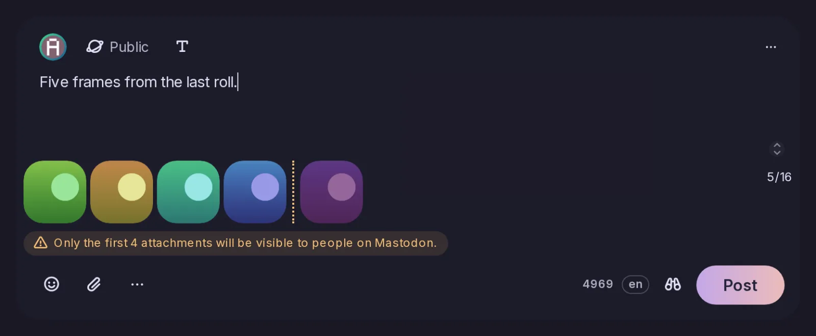 The post form with five pictures attached: a dotted line after the fourth thumbnail, and a warning that only the first 4 attachments will be visible to people on Mastodon.