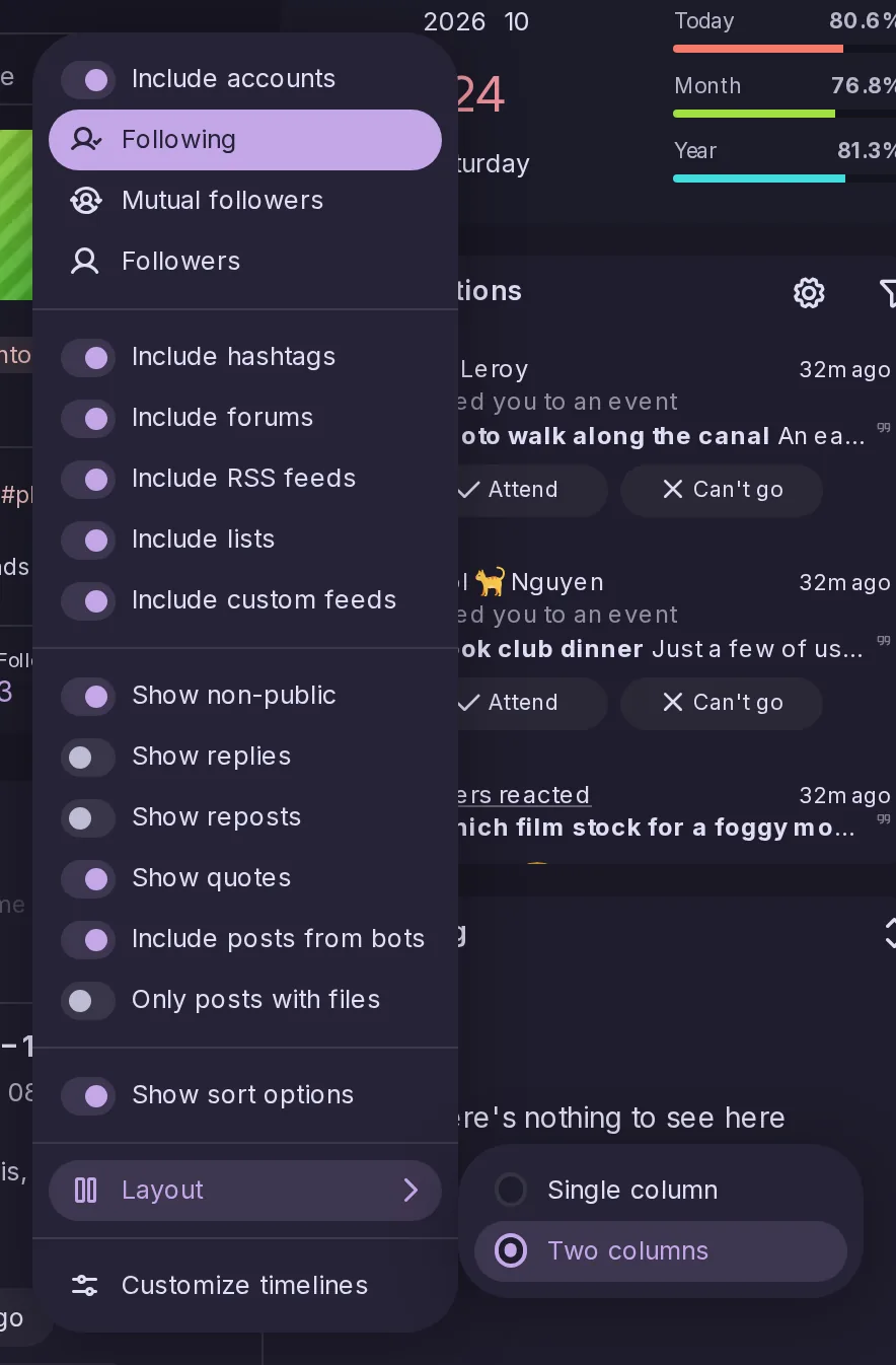 The Options menu of Streams with its Layout submenu open on Two columns and Single column.