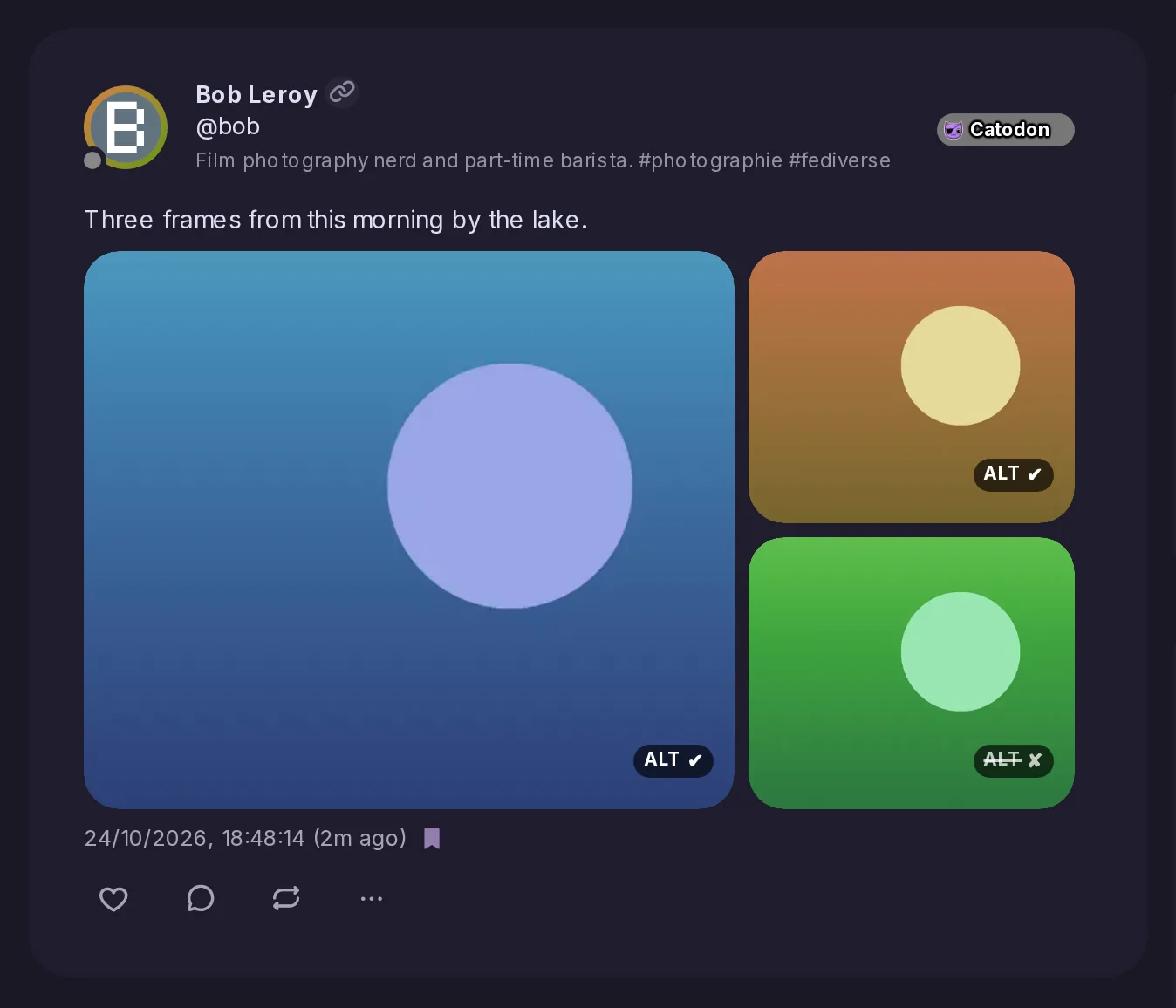 Bob's post with three pictures: two carry an ALT chip with a tick, the third an ALT chip struck through, since it has no description.