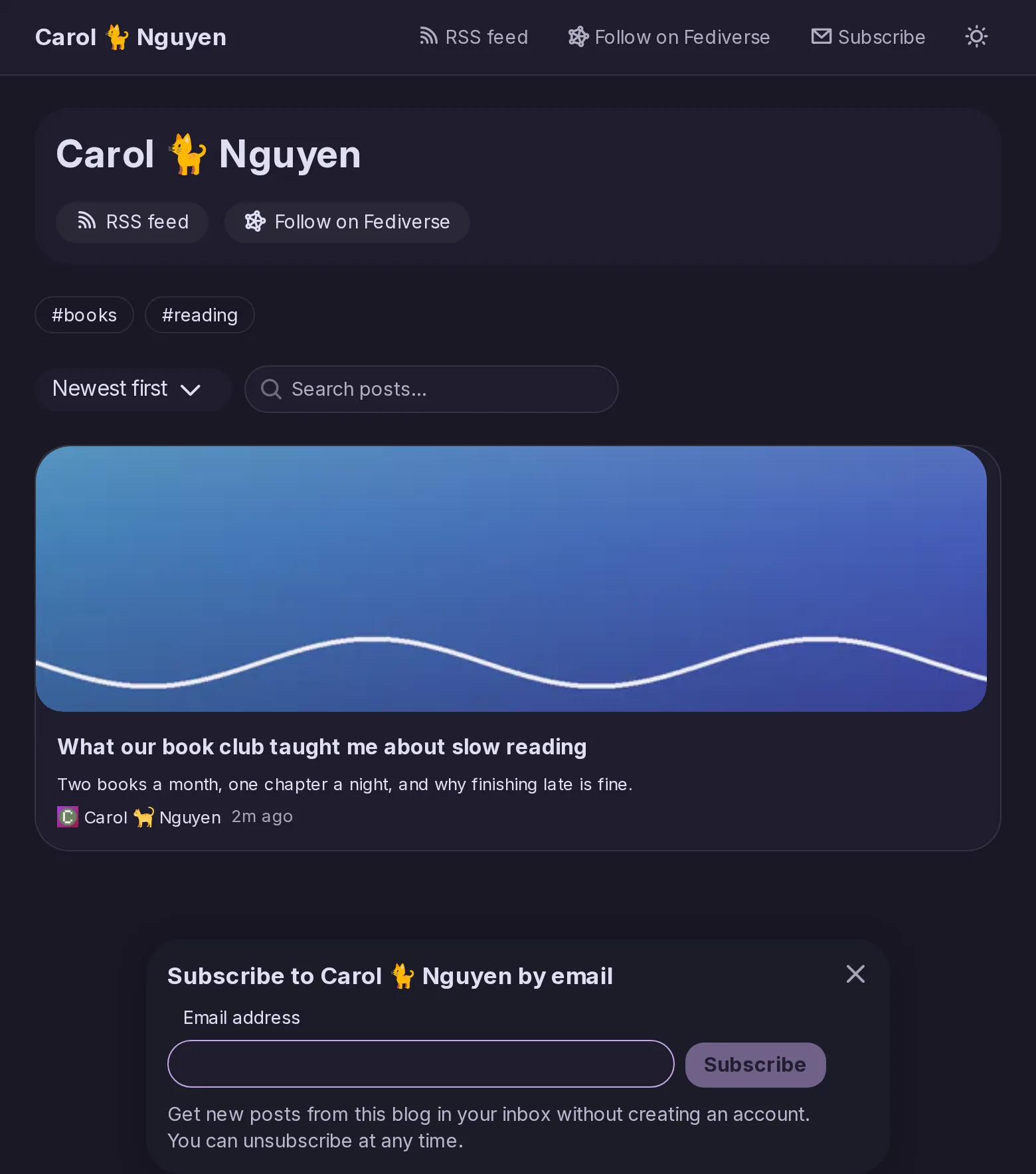 Carol's blog seen by a visitor: a Subscribe button in the blog's header, and the panel it opens at the bottom of the window, Subscribe to Carol Nguyen by email, with an address field.