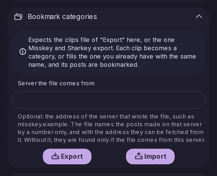 The Bookmark categories section of the data settings, with an Export button and an Import button that takes a clips file and the server it comes from.