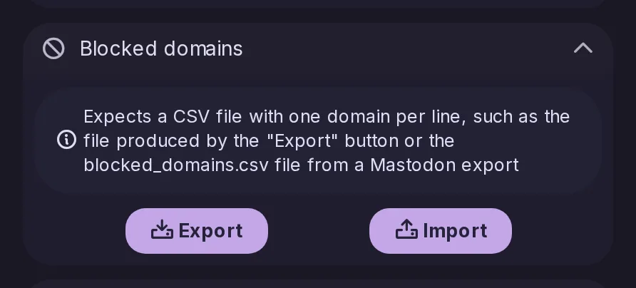 The Blocked domains section of the data settings, with Export and Import buttons.
