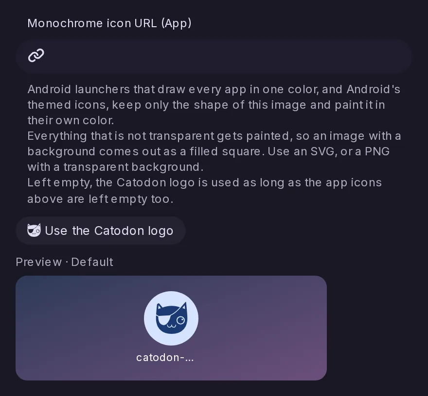 The Monochrome icon URL (App) field of the Control Panel branding, with a Use the Catodon logo button, a preview and its explanation.