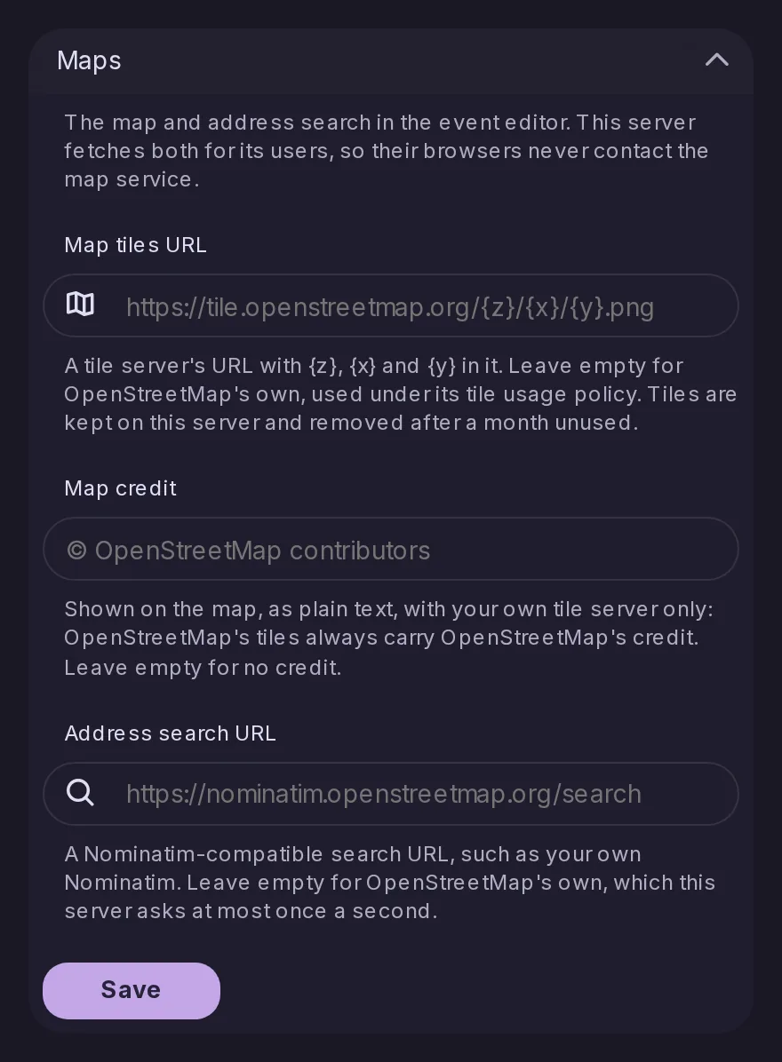 The Maps section of the Control Panel integrations: the tile server, the credit shown on the map and the address search the event editor uses.