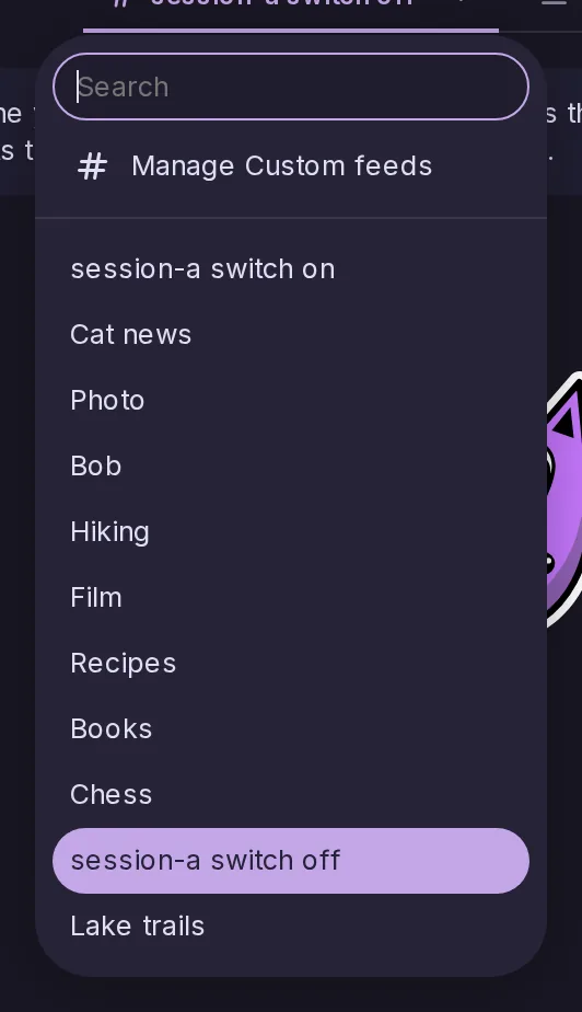 The menu of the Custom feeds tab, holding eleven custom feeds, with a field at its top to narrow them by typing.
