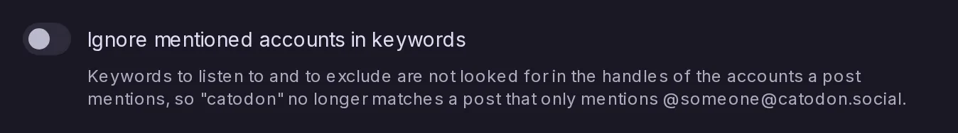 The Ignore mentioned accounts in keywords switch of the custom feed editor, under the keyword fields, with its explanation.