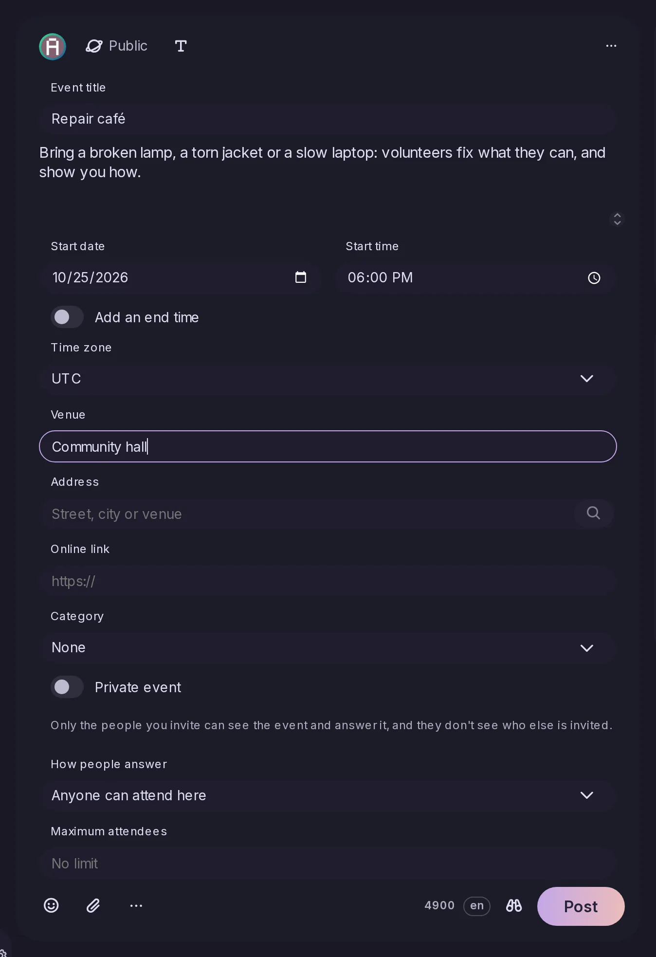 The post form turned into an event: title, description, start date and time, an end time switch, time zone, venue, address with a search button, online link, category, Private event, how people answer and maximum attendees.