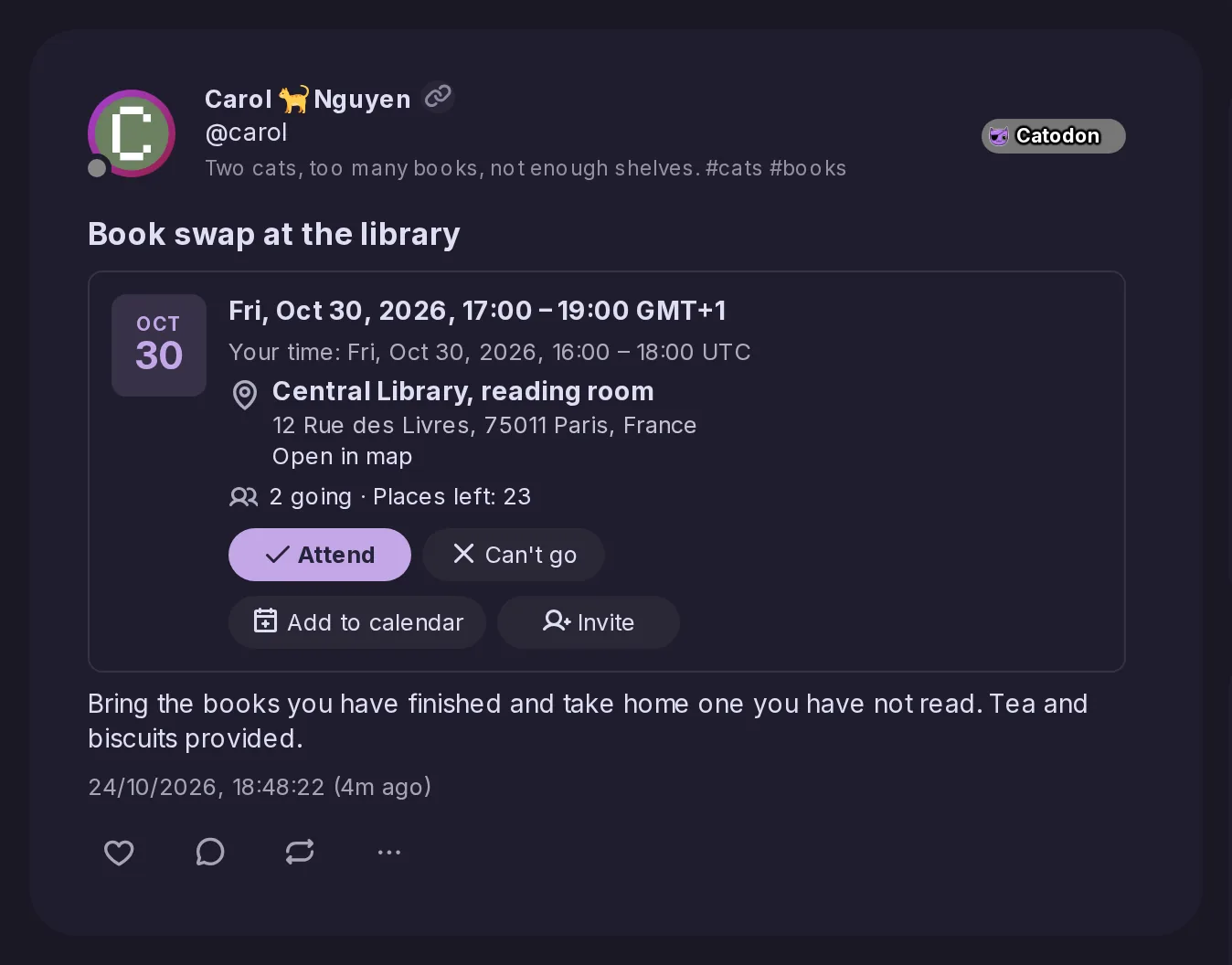 Carol's event Book swap at the library: a card with the date, the time in Paris and in the reader's own time, the venue and its address with Open in map, 2 going and 23 places left, Attend and Can't go, Add to calendar and Invite.