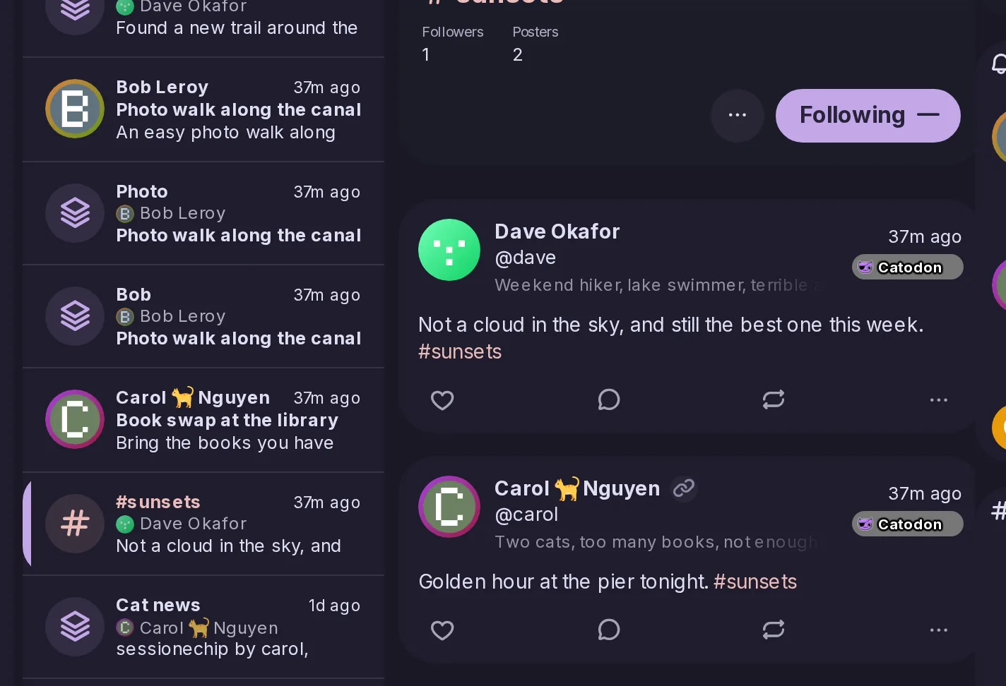 The followed hashtag #sunsets as a row of Streams, with its newest post by Dave, selected: beside the list, its posts by Dave and Carol and a button to stop following it.