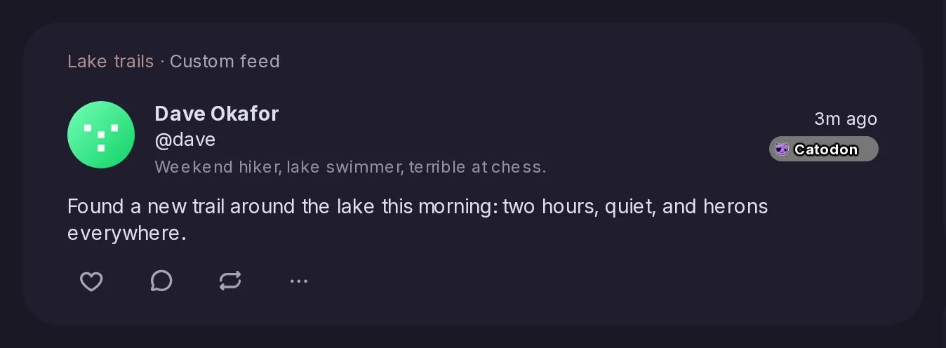 A post by Dave, whom Alice does not follow, in her Following timeline, under a line naming the custom feed that brought it in: Lake trails · Custom feed.