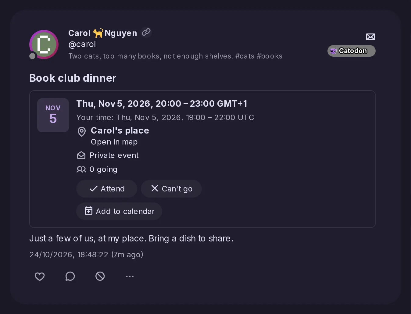Carol's private event Book club dinner as Alice, one of the invitees, sees it: the post headed Private event, the card with the date and Carol's place, and Attend and Can't go.