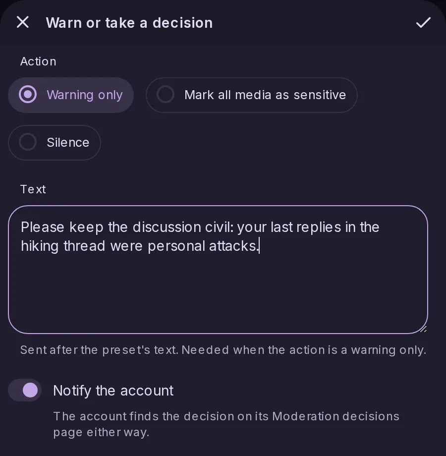 The Warn or take a decision window on Dave's account in the Control Panel: Warning only, Mark all media as sensitive or Silence, the text of the warning, and Notify the account.